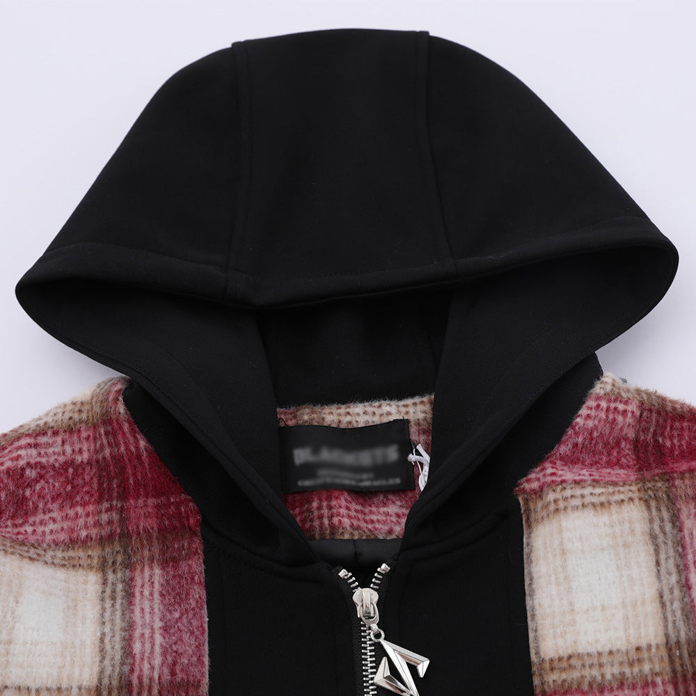 Men's Patchwork Color-contrast Check Hooded Zipper Jacket Casual Jacket