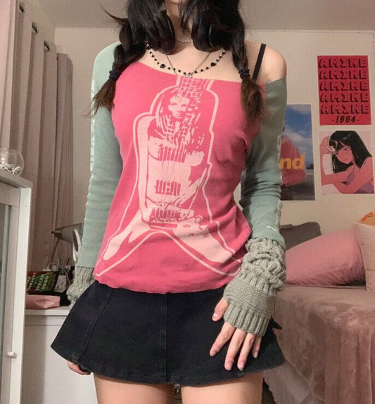 Printet panel off-shoulder langærmet T-shirt