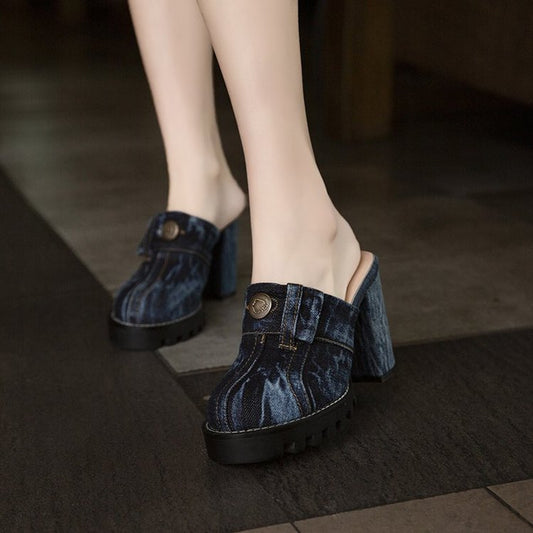 Denim Wash Toe Cap High Heel Slippers