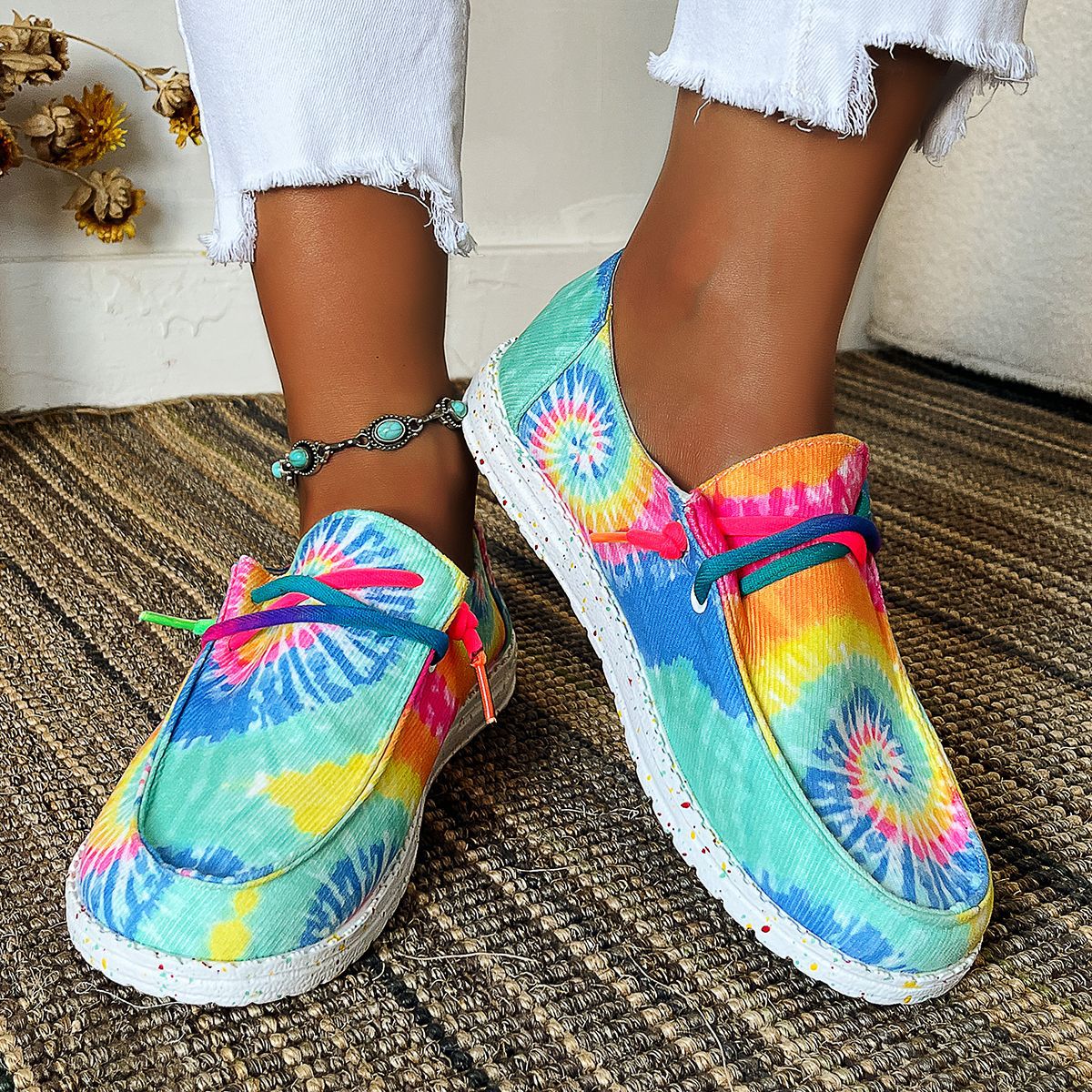 Tie-dyed Colored Canvas Shoes Casual Lace Up Lightweight Low Top