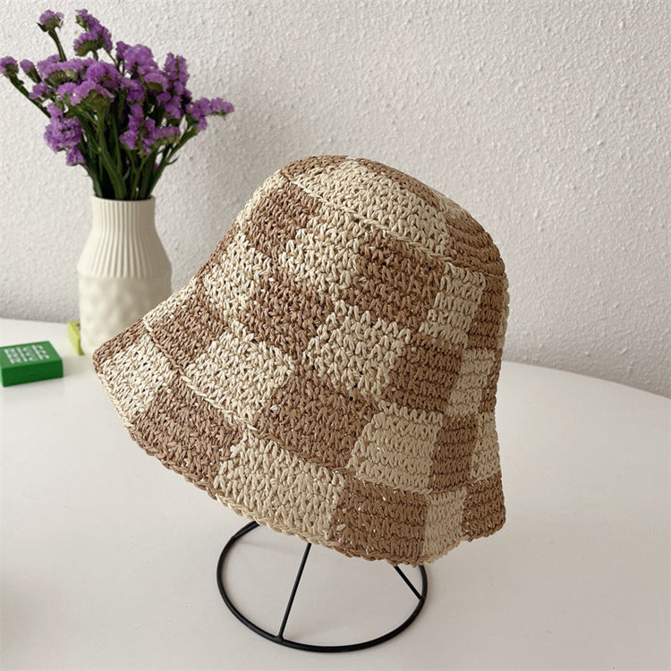 Checkerboard Plaid Coarse Wool Knitted Fisherman Hat Handmade For Women