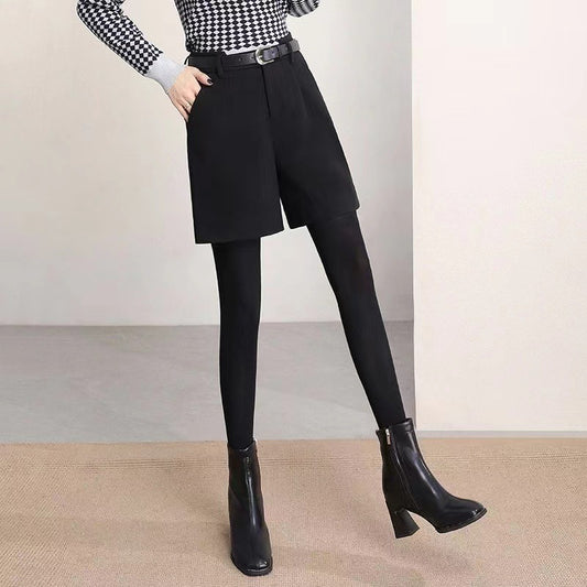 line High-waisted Wide-leg Padded Outerwear Bottoming Capri Pants Woolen Shorts