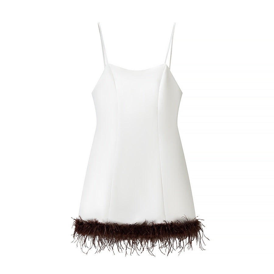 Backless Design With Fur Patchwork Suspender Dress