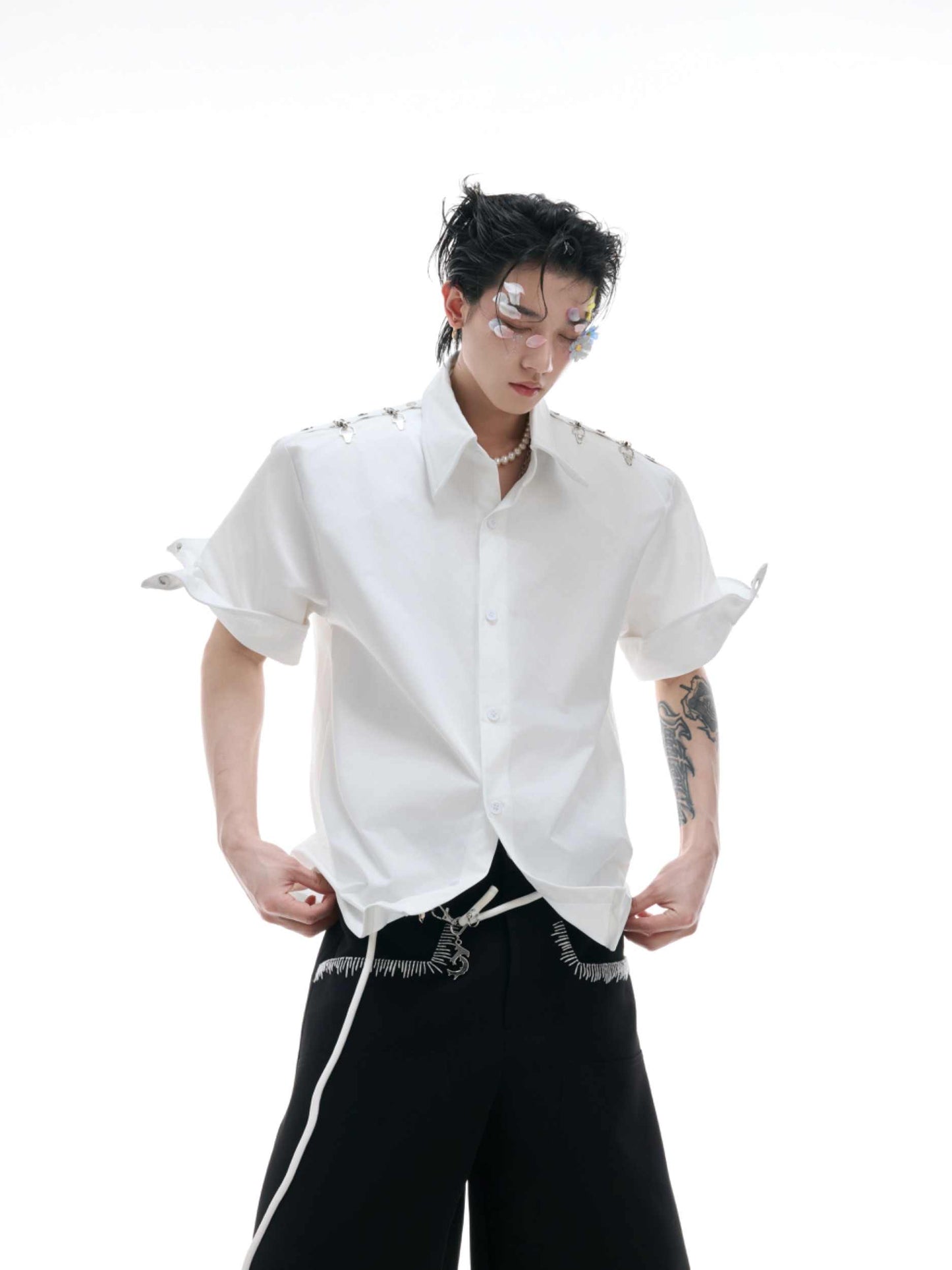 Niche Deconstruction Metal Buckle Design Short Sleeve Shirt Solid Color Simple Loose Cardigan