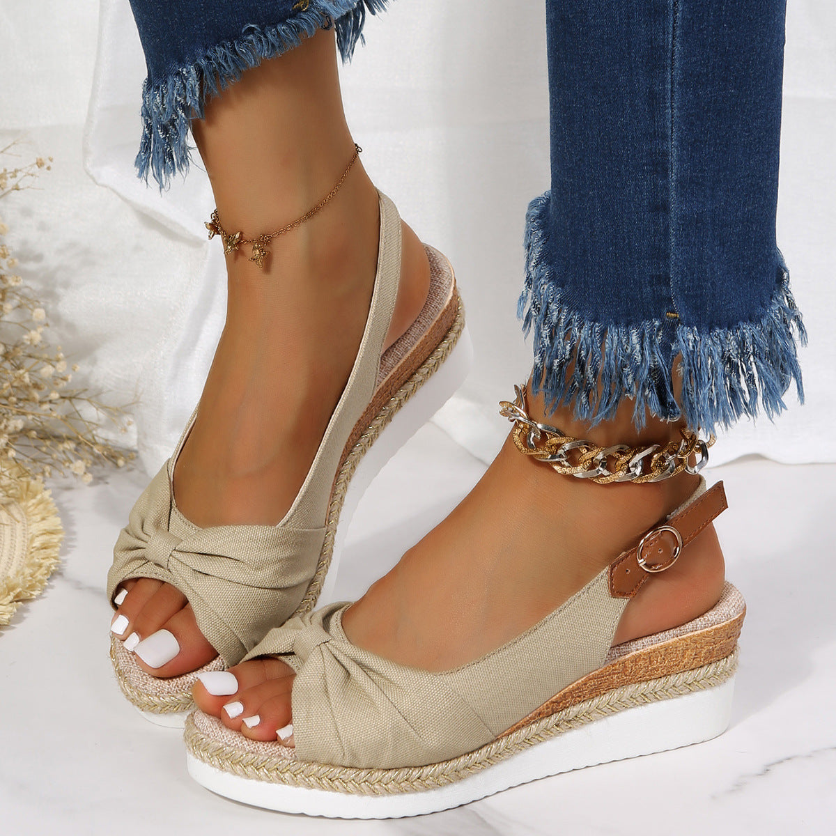 Women's Hemp Rope Bow Wedge Casual Sandals