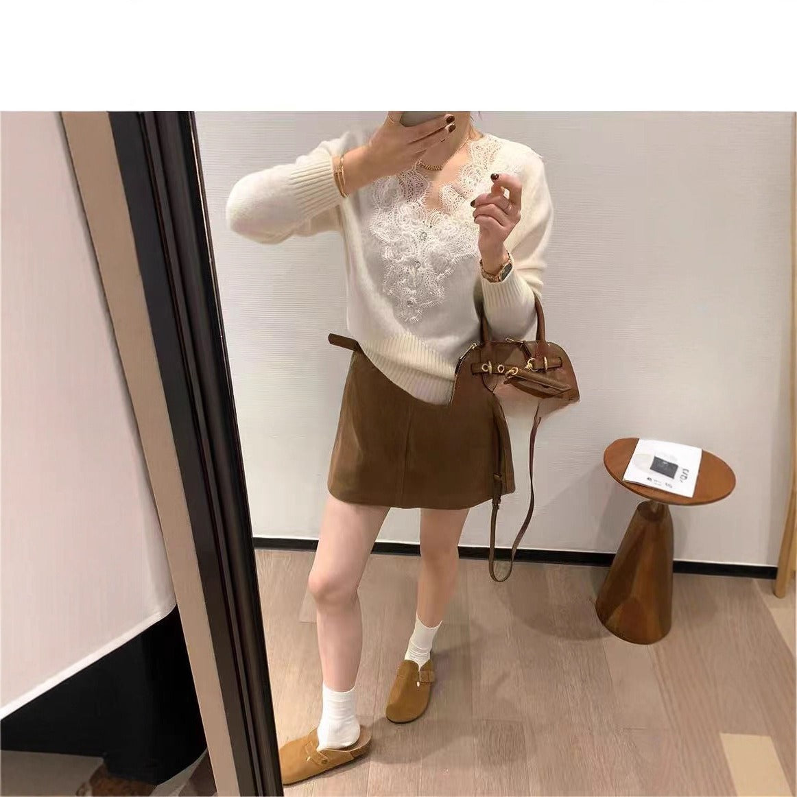 New Soft Creamy Lace-embellished Long-sleeve Sweater With A Pure Yet Seductive Vibe