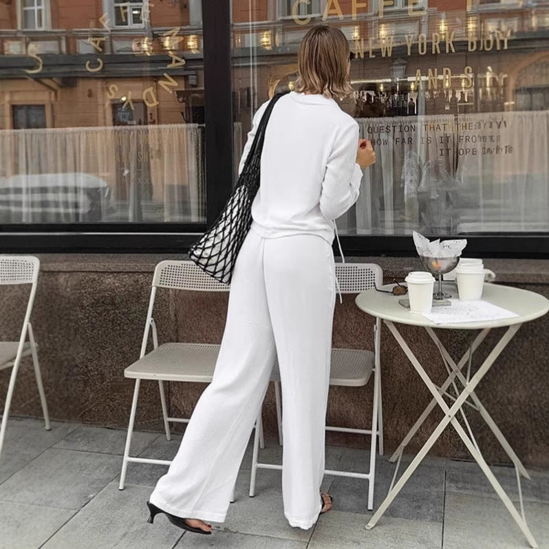 Fashion White Tie-front Cardigan Wide-leg Pants