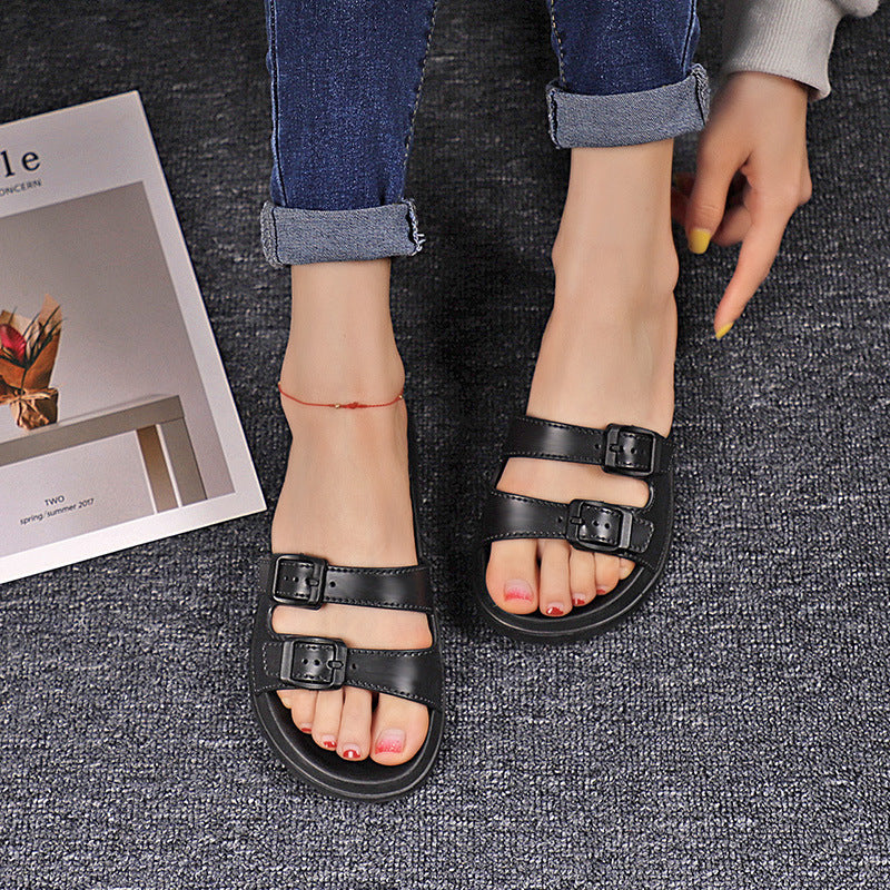 Women's Retro Flat Fashion Sandals With Two Straps And Double Buckles