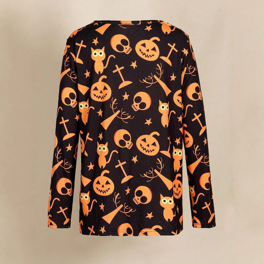 Digitaltrykt Halloween Langærmet Rundhalset T-shirt i Store Størrelser