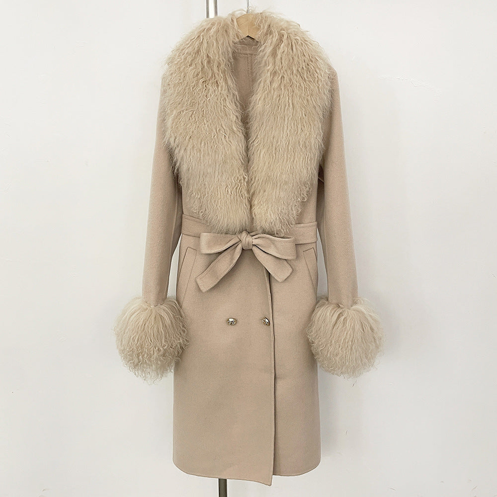 Long Double-faced Wool Coat With A Shearling Collar