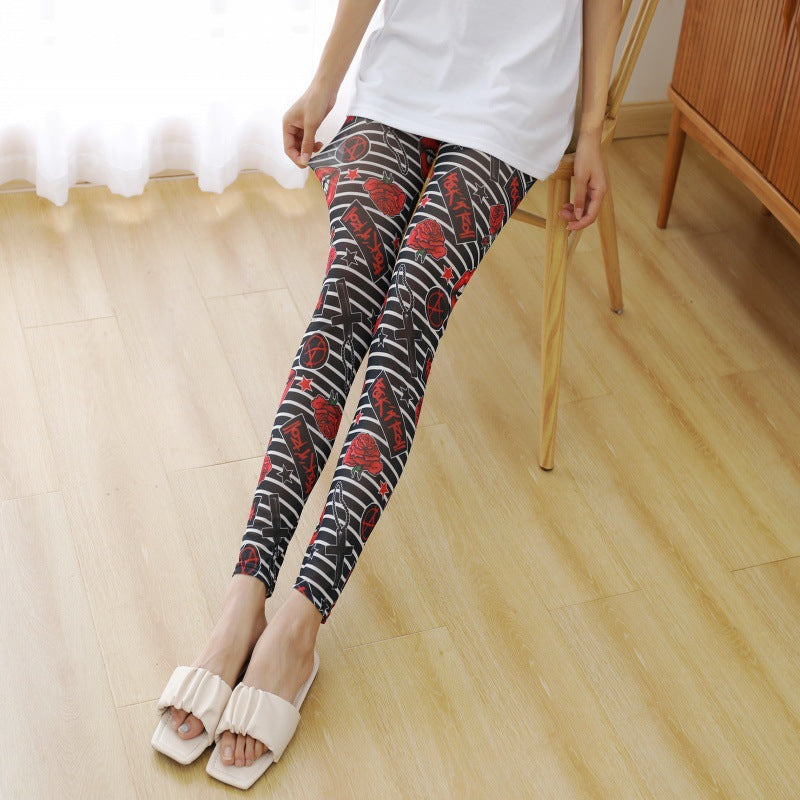 New Sexy Women's Pants Summer Mesh Leggings Elastic Ultra-thin Transparent Skinny Pants Striped Flowers