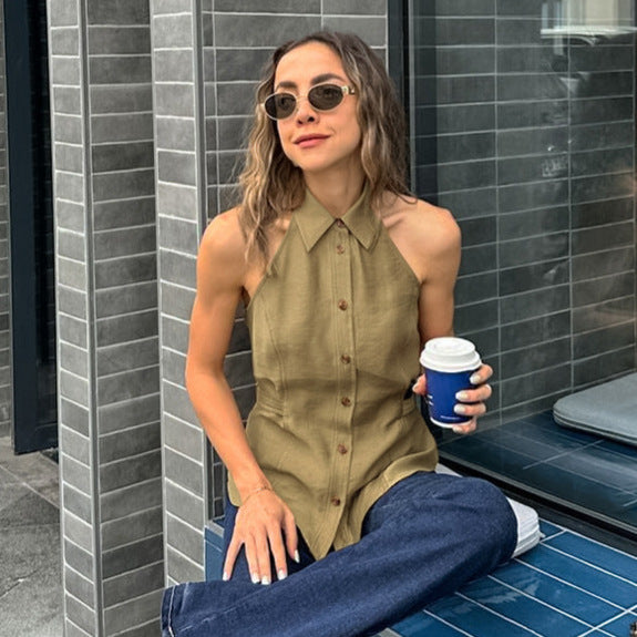 Women's Hot Girl Sleeveless Halter Strap Simple Slim Fit Backless Top