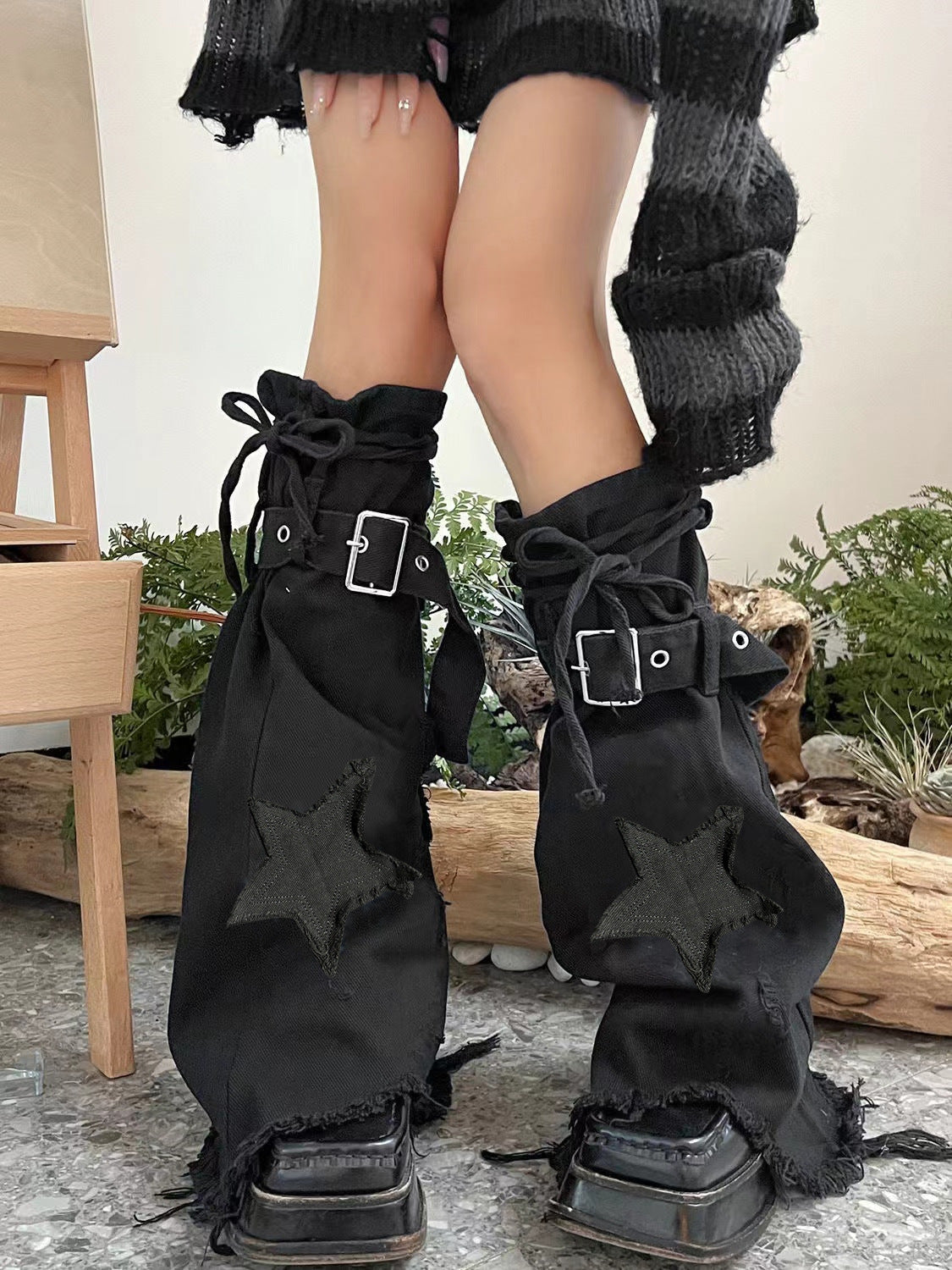 Star Embroidery Tie-neck Denim Retro Slightly Flared Women's Pile Tube Socks Leg Warmer