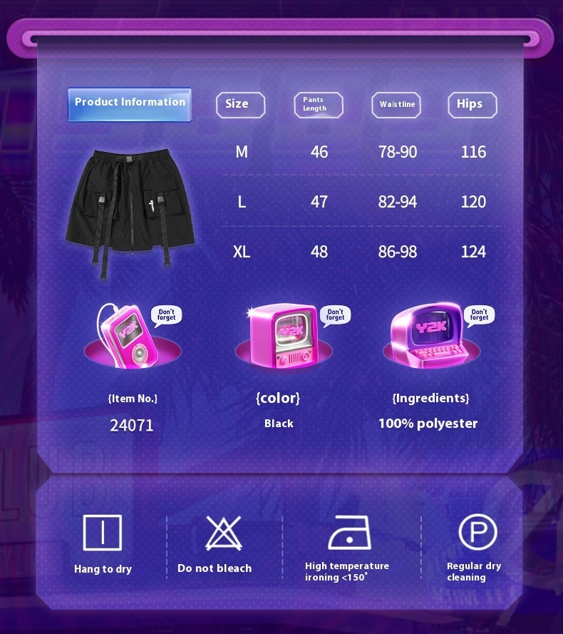 Summer New Mechanical Style Ribbon Short Pantskirt Men And Women Loose Casual With Big Pockets