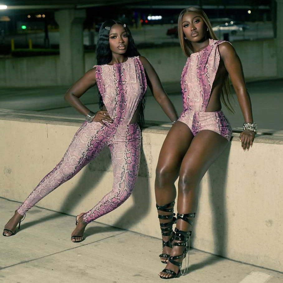 Womens Fashion Snake-Print Slim-Fit Tank Top And Pants Set
