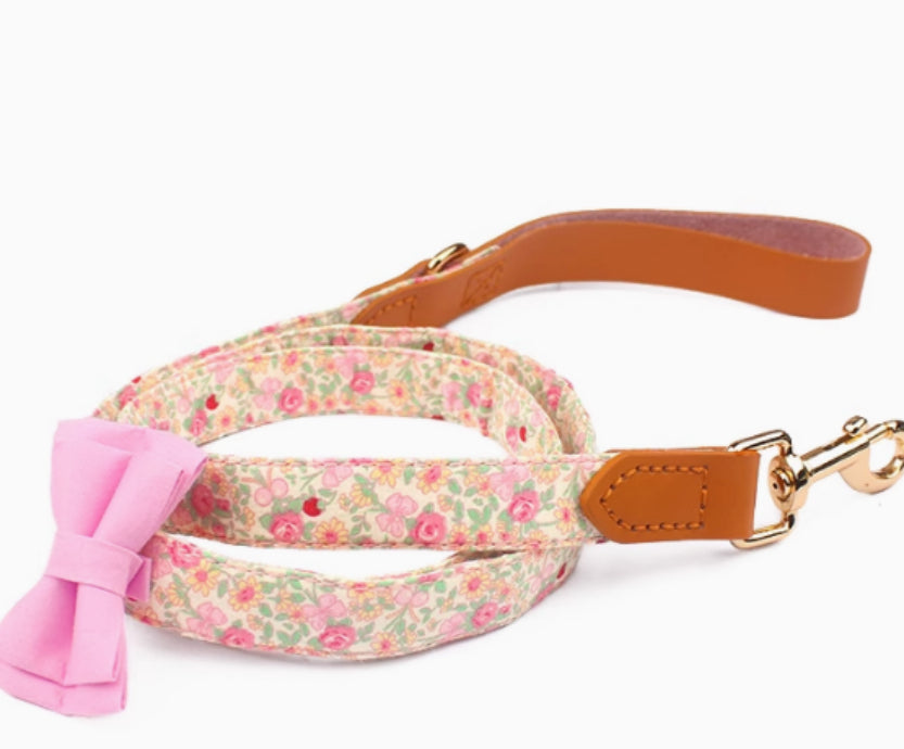 Cowhide Stitching Floral Cotton Pet Dog Collar Hand Holding Rope