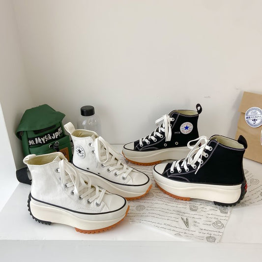 Large Size Women's High-top Canvas Shoes New Korean Style Sports Casual Shoes Versatile Platform Round Toe White Shoes