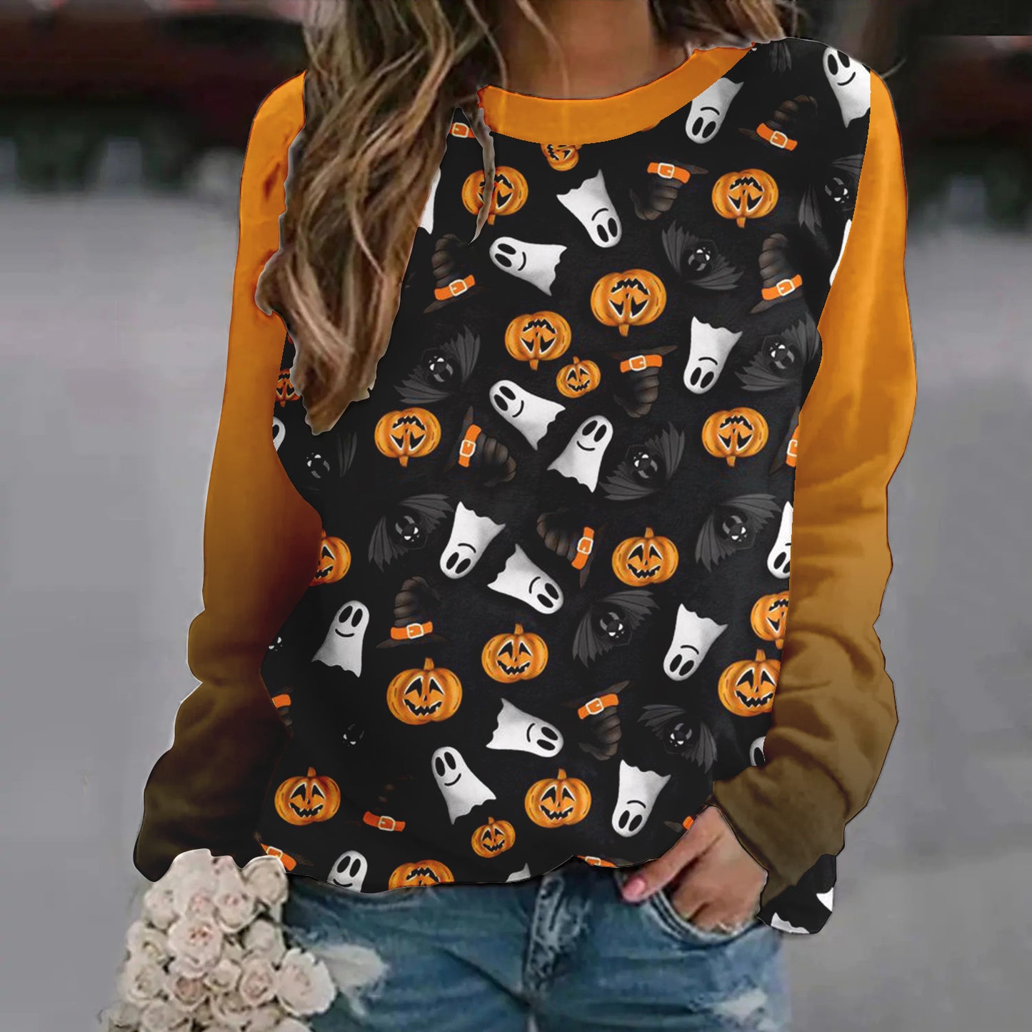 Dame Halloween-sweatshirt med tryk og raglanærmer
