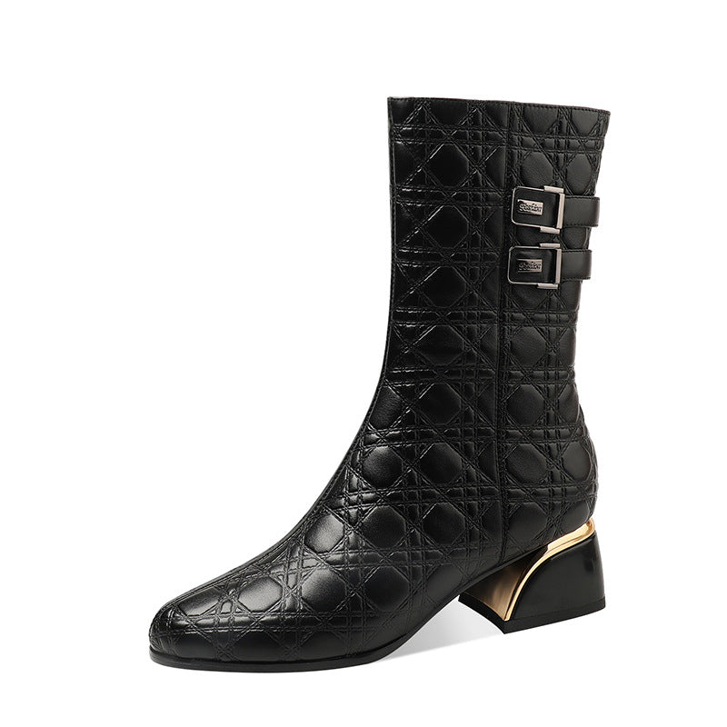 Thick-heeled Mid-heel Mid-high Boots Women Plus Velvet Warmth Cowhide Knight Boots Fashion Belt Buckle