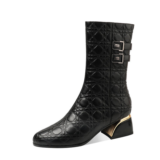 Thick-heeled Mid-heel Mid-high Boots Women Plus Velvet Warmth Cowhide Knight Boots Fashion Belt Buckle