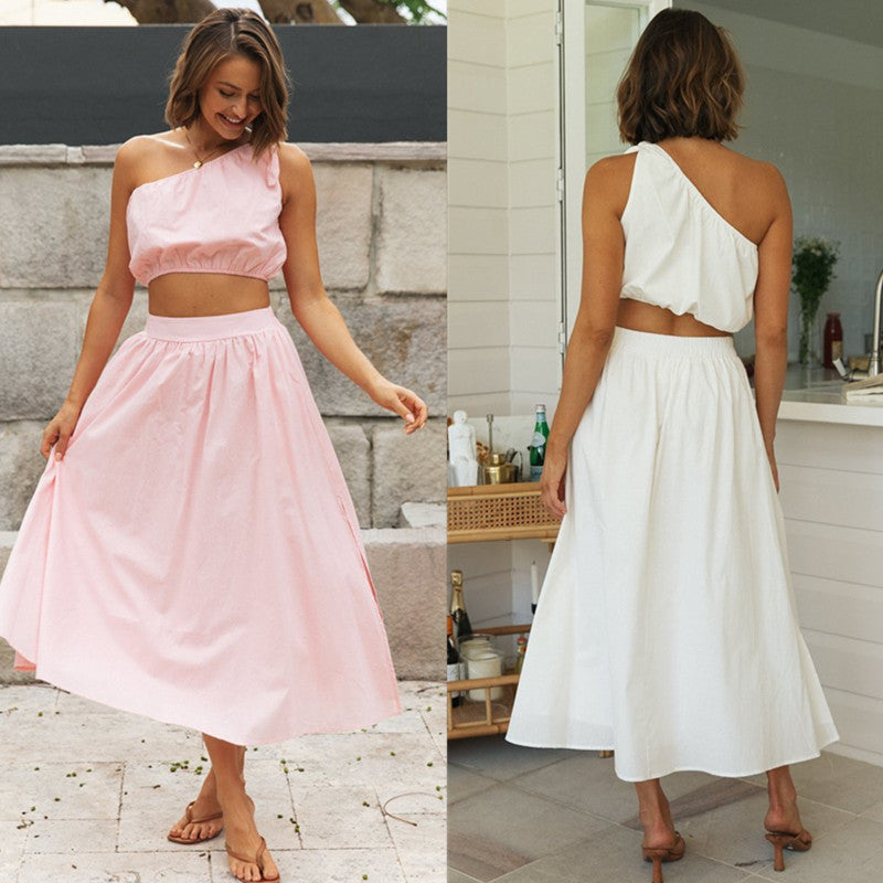 Women's Fashionable Two-piece Sloping Shoulder Bow Skirt