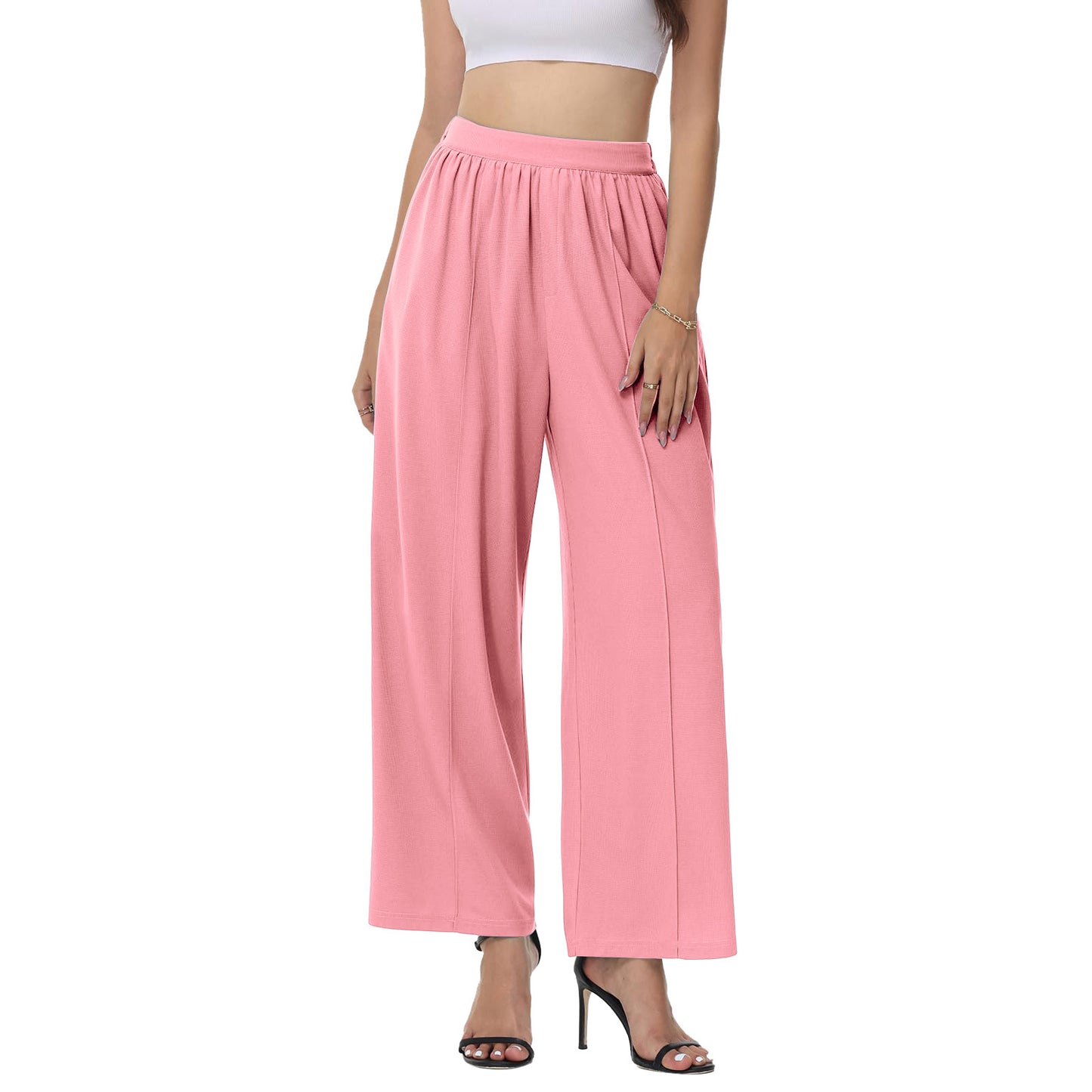 Women's Wide Leg Pants Waffle Knitted High Waist