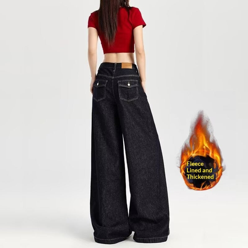 Mørkeblå løstsiddende denimjeans med vide ben