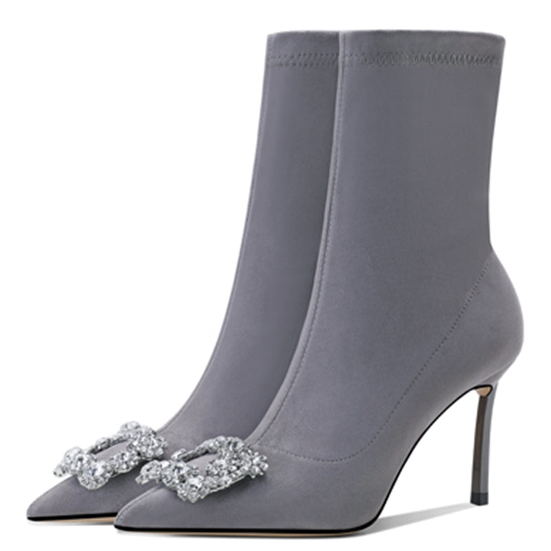 Pointed High-heeled Rhinestone Buckle Elastic Mid-tube Women's Socks Boots