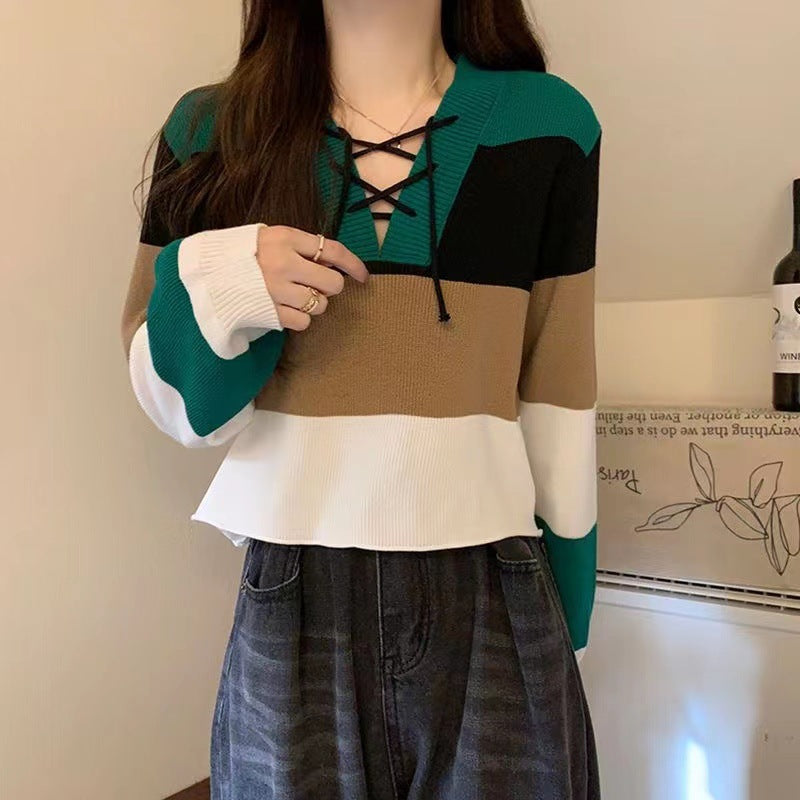 V-collar Contrast Color Short Long-sleeved Sweater Women's Striped Binding Rope Slimming Slim Fit Petite Top