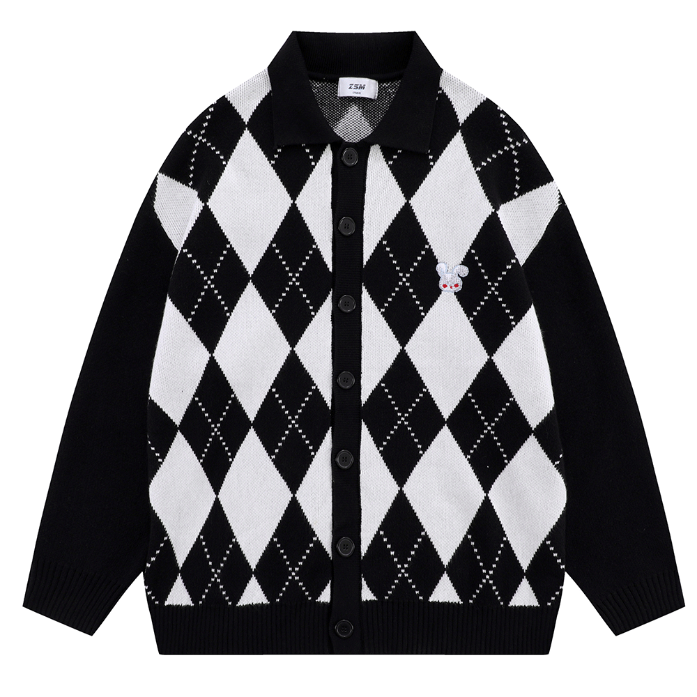 Men's Contrast Jacquard Diamond Plaid Cardigan Sweater