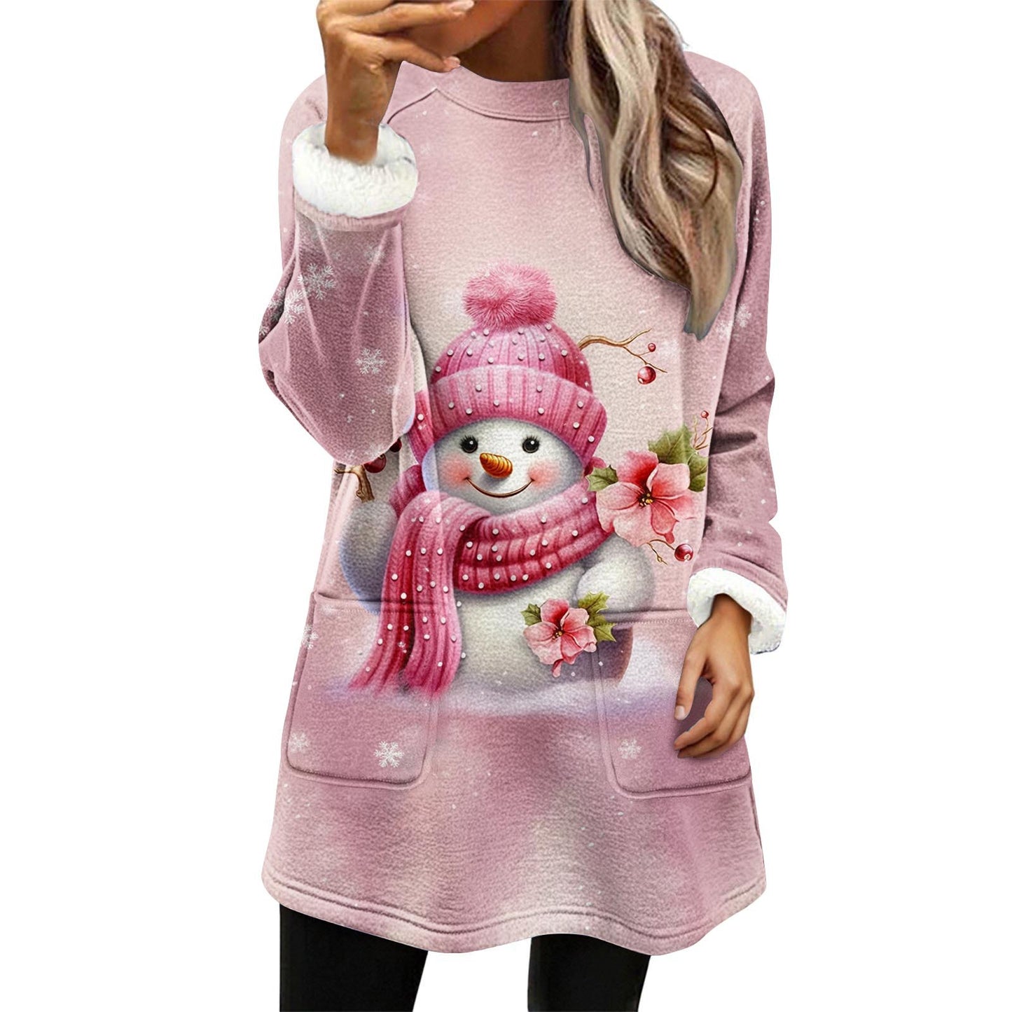 Snowman Digitaltryk Afslappet Løstsiddende Fløjlsweater med Brede Ærmer