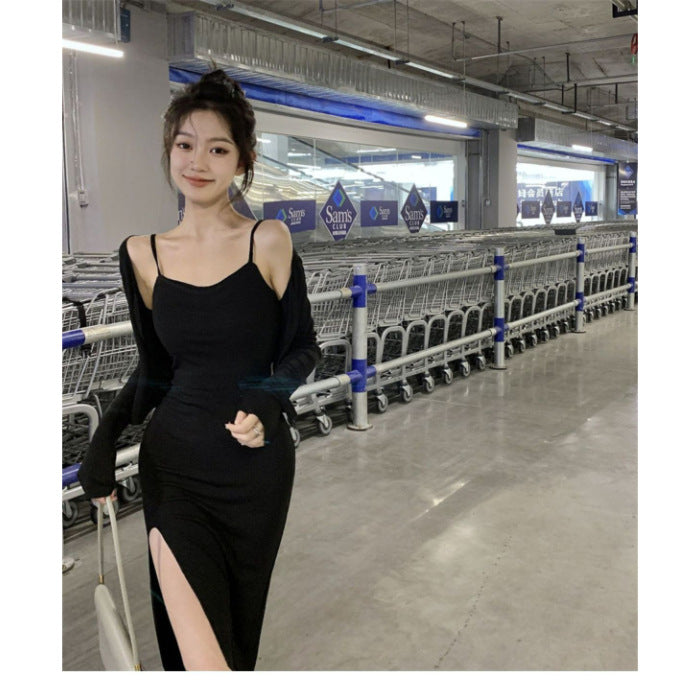 Strap Sheath Dress And Long-sleeve Cardigan Fashionable Two-piece Set