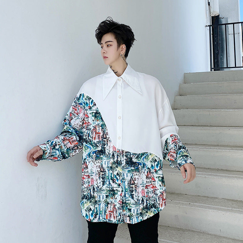 Graffiti Architecture Hand-painted Print Asymmetric Loose Shirt Men