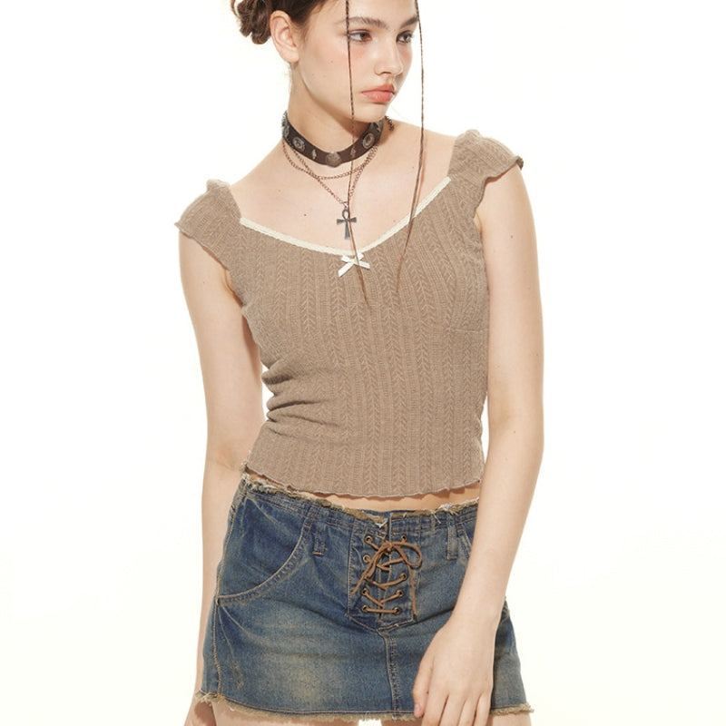 French Retro Square-cut Collar Puff Sleeve Top