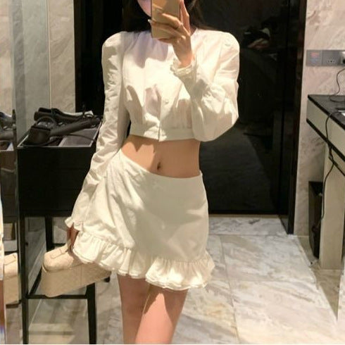 Korean New Fashion Set White Short Long Sleeve Shirt Women