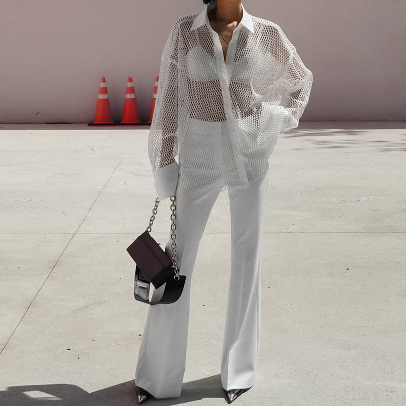 White Mesh See-through Women's Shirt