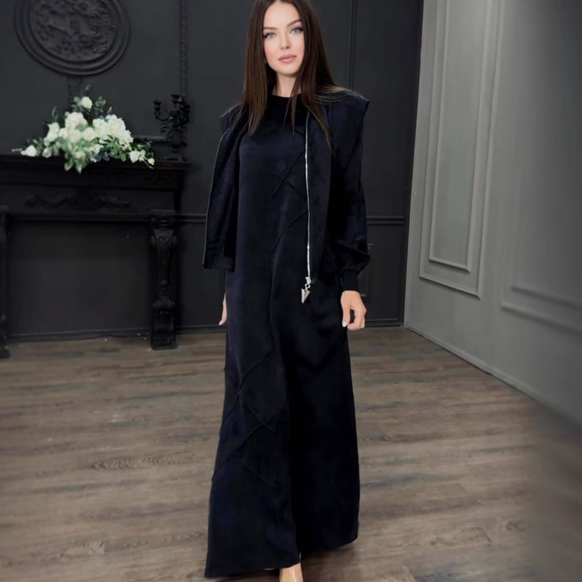 New Zip-up Cardigan Jacket And Long-sleeve, Irregular-texture Maxi Skirt Set