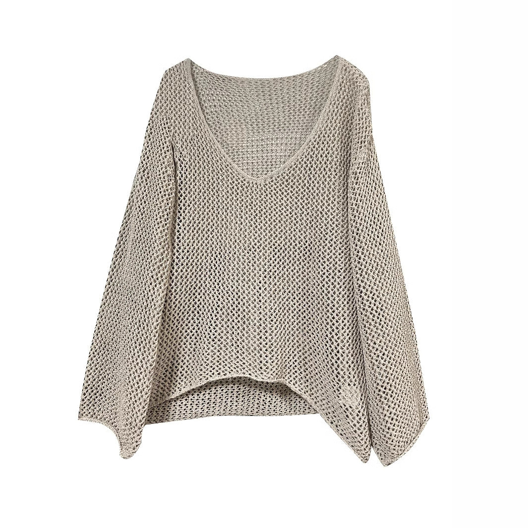 Hooded Openwork Long-sleeve Loose-fitting Versatile Knit Top