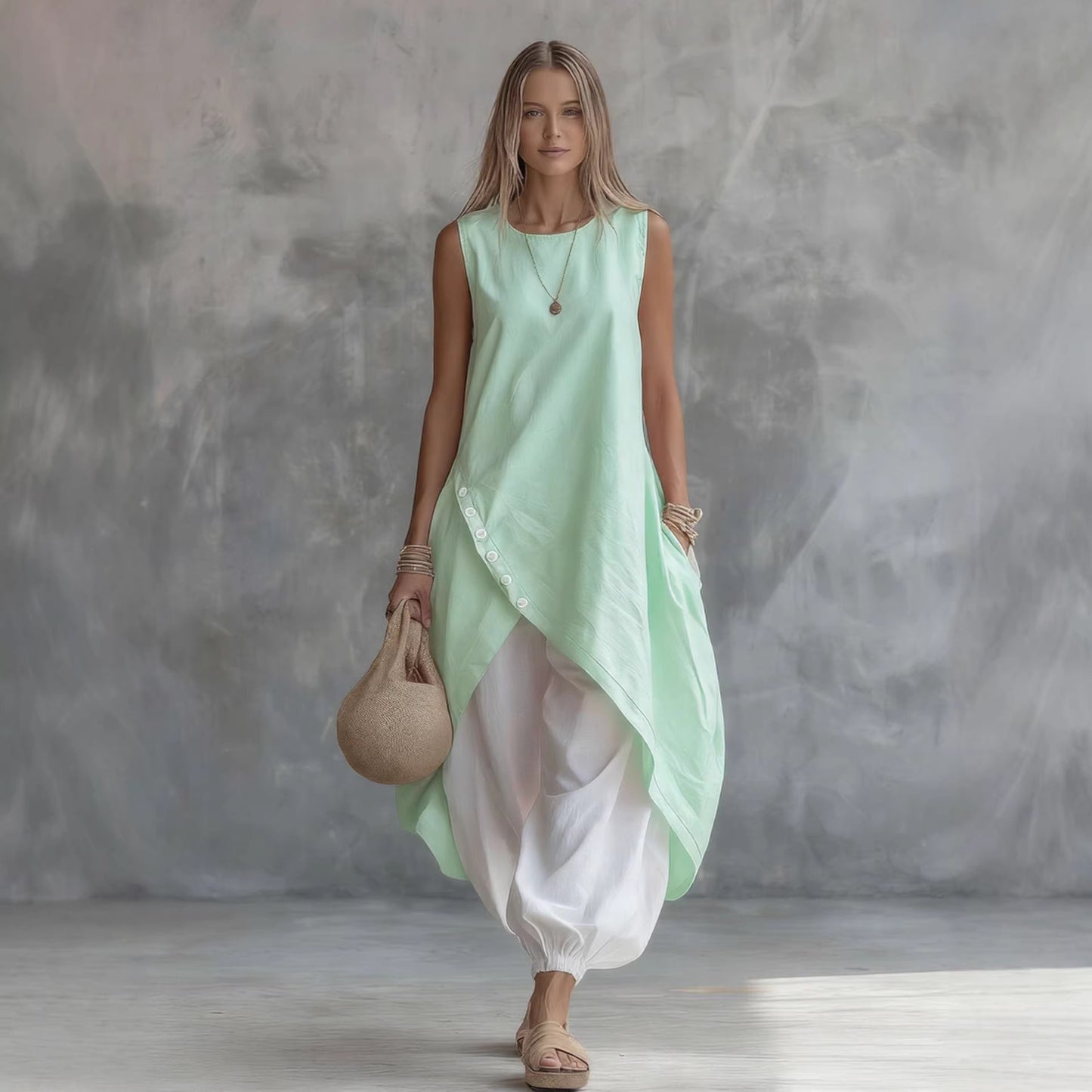 Solid-color Sleeveless Loose-fit Dress With Patch Pockets