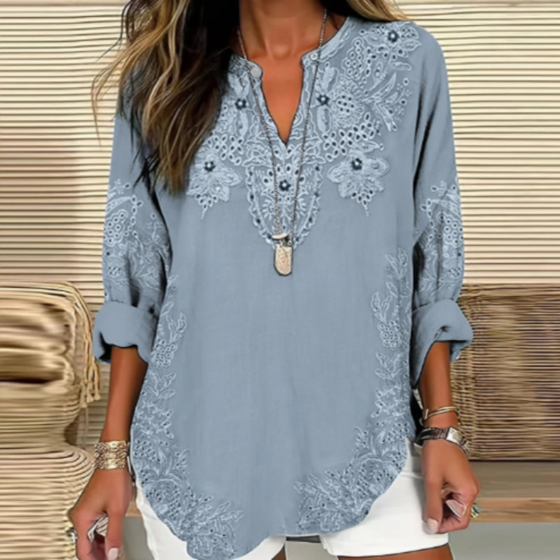 Women's Floral Lace Art Linen Print Casual Shirt