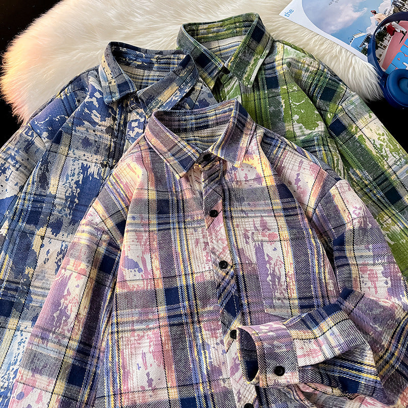 Plaid Shirt Printing And Dyeing Gradient Baggy Coat Shirt