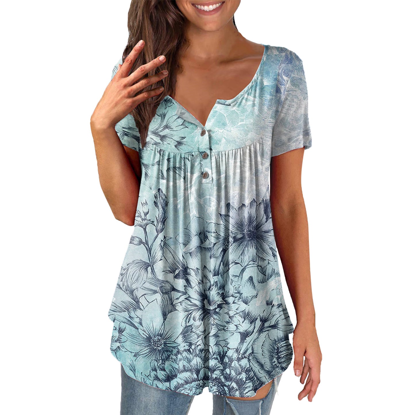 Ladies' Printed Ruffled Pullover Short Sleeve