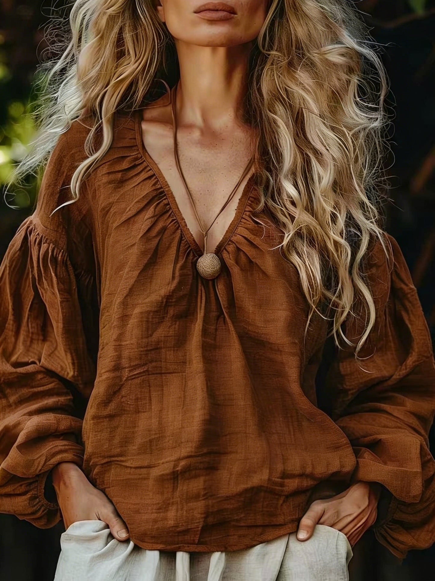 Womens Simple Relaxed-Fit Long-Sleeve Linen Top