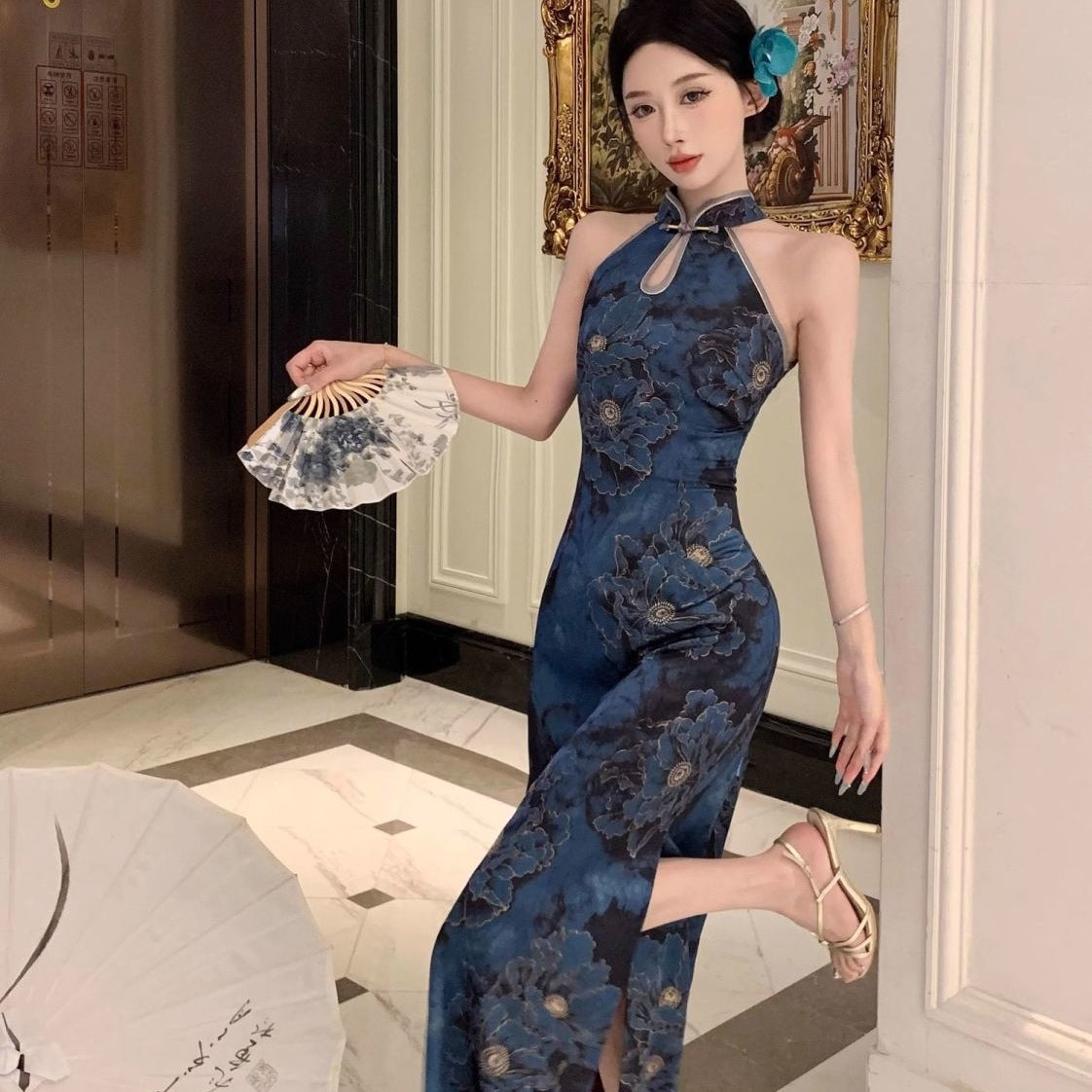 Womens Retro Printed Cheongsam Dress