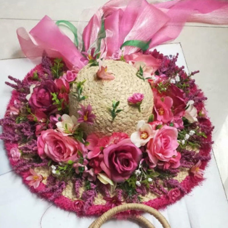 Ladies Fashion Raffia Purple Flower Straw Hat