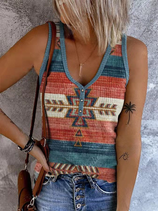 New Women's European And American Graffiti 3D Printing Casual V-neck Sleeveless Vest