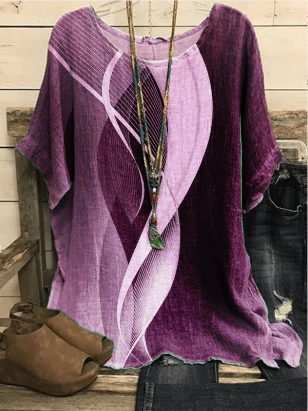 New Casual Loose Printed Crew Neck Top