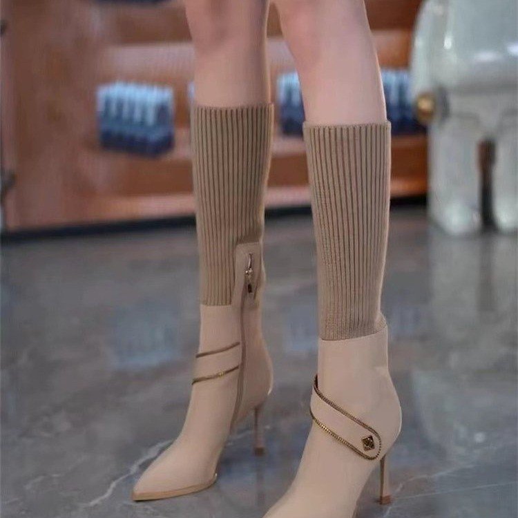Stylish Stretchy Knit High-heeled Slim Boots With A Thin Heel For Women