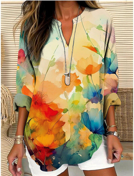 Womens Fashionable Loose Shirt With 3D Floral Print And V-Neck
