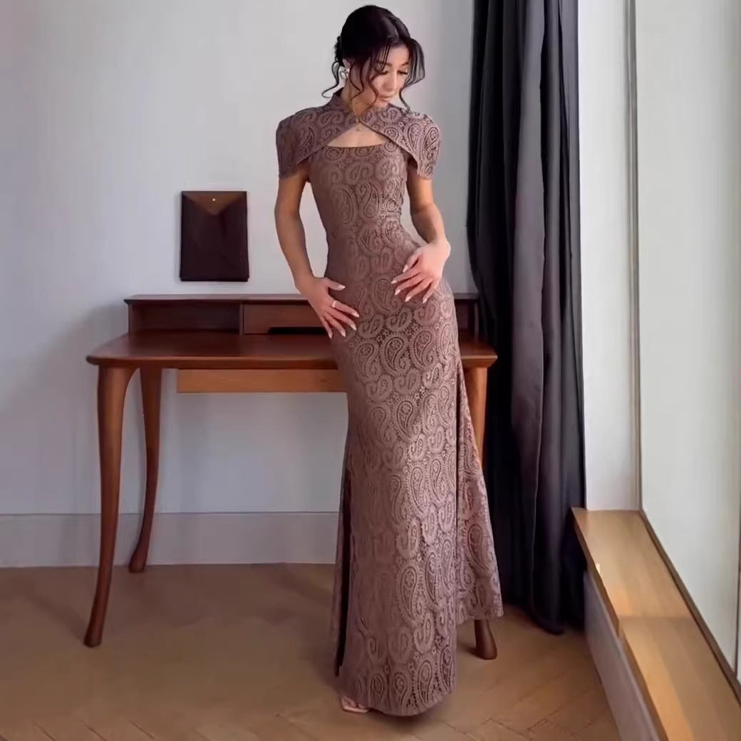 Long Modernized Cheongsam A Sexy Form-fitting Wrap-style Dress With A Shawl